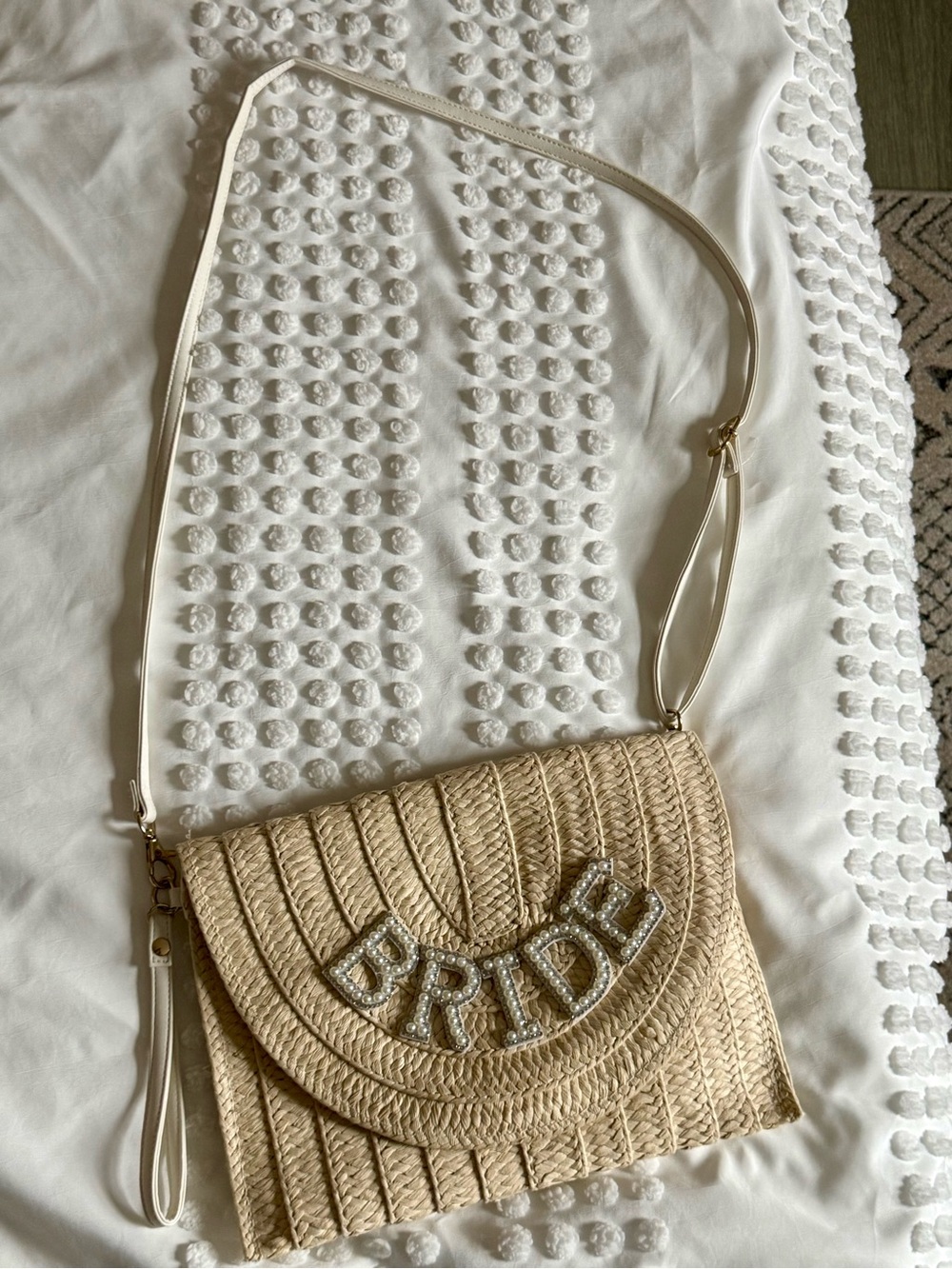 Bride Embellished Straw Crossbody Bag in Natural